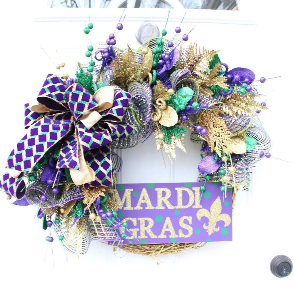 Fancy Mardi Gras Grapevine Wreath for Front Door, Fleur de Lis Decor, Gold Purpl